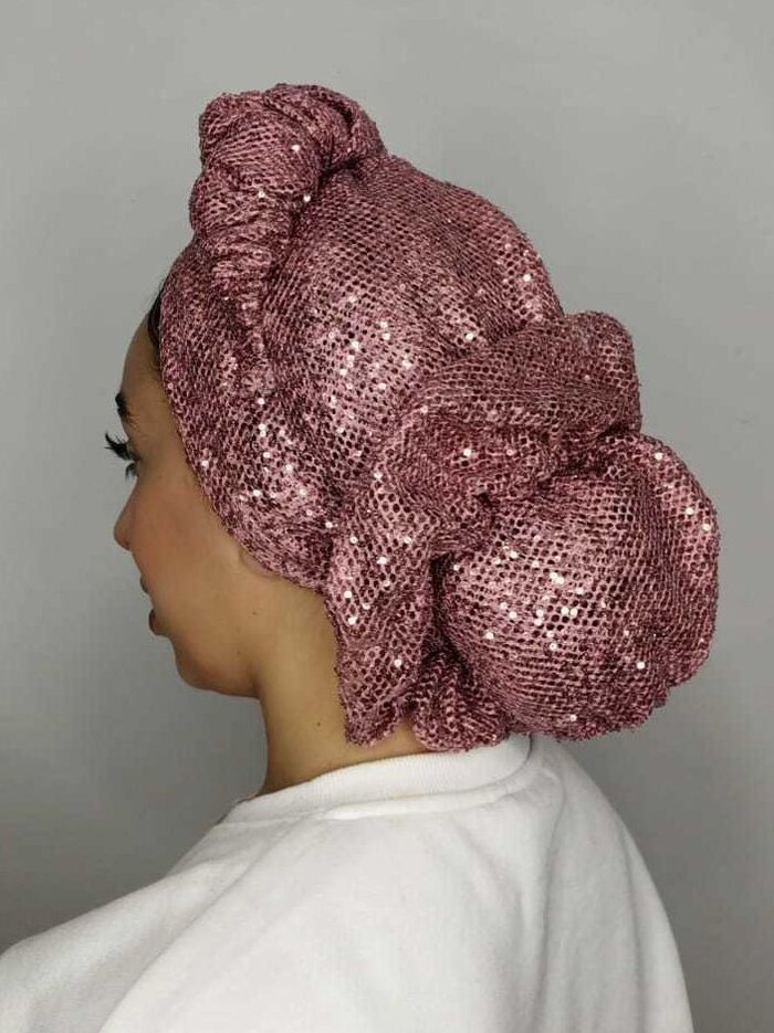 סט טורבן רשת וגומיה ורוד